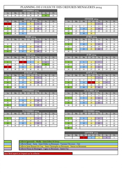 Calendrier 2024 - Collecte Ordures Ménagères